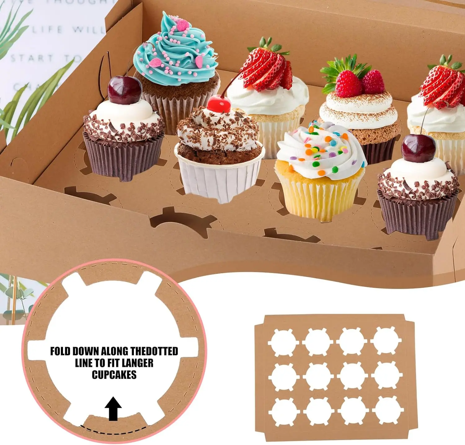 Pack of 6 Cupcake Boxes 12 Hole, Kraft Cupcake Boxes, Window Biscuit Box, with 2m Twine Ideal for Party Muffins, Cupcakes