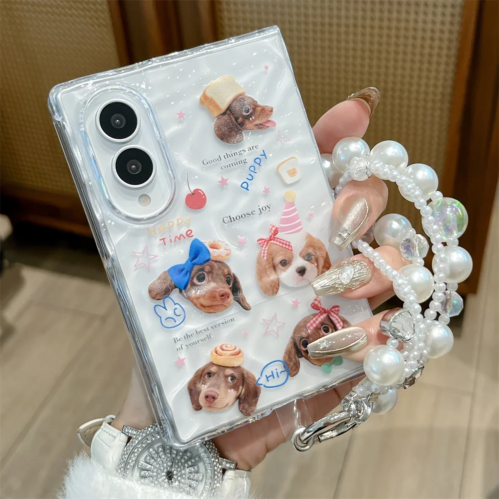 Cute Cherry Kitten Puppy Phone case for Samsung Galaxy Z Fold 8 7 6 fold7 Fold 8Ultra 7 6  Cover with Chain Korean Ins Cute Case