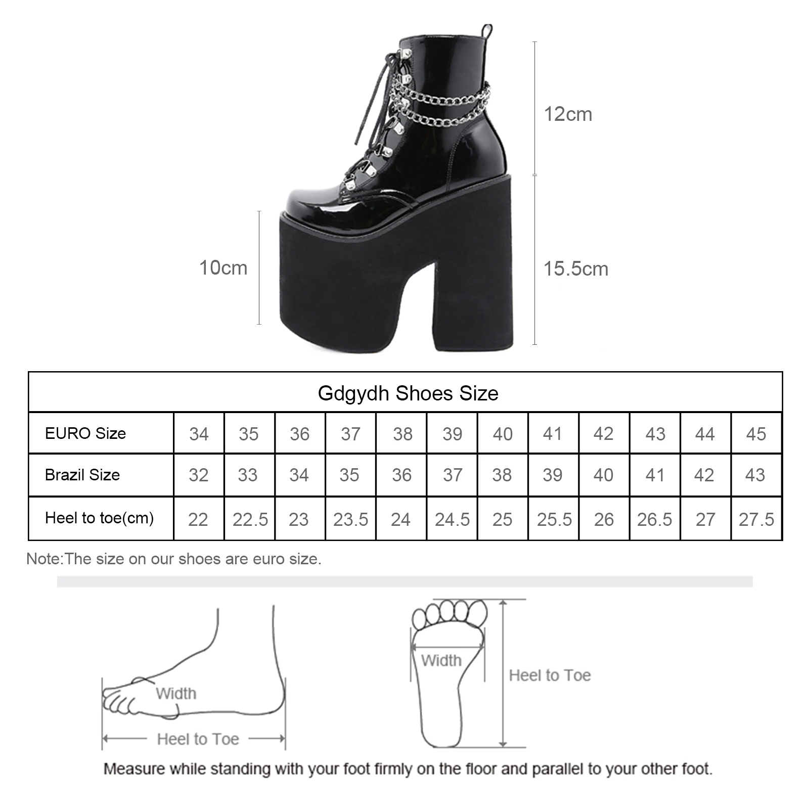 Gdgydh Women\'s Black Goth Boots Closed Toe Lace Up High Platform Short Boots Chunky Heels Fashion Chain Decor Side Zipper