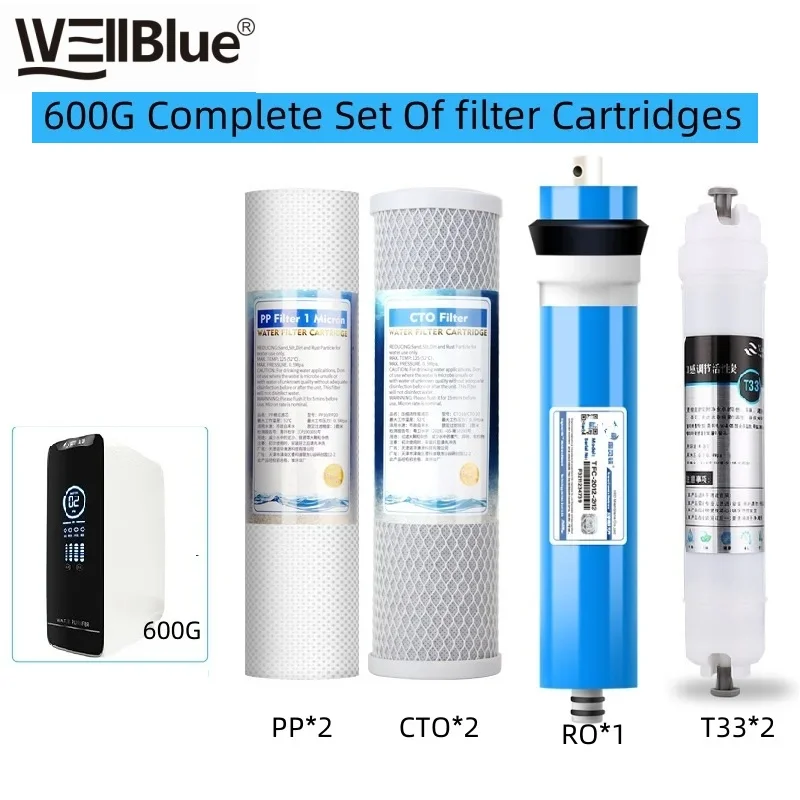 Filtro Acqua a Membrana RO WEllBlue a 4 Stadi 600G, Elemento di Ricambio per Sistema ad Osmosi Inversa per Acqua Potabile Domestica