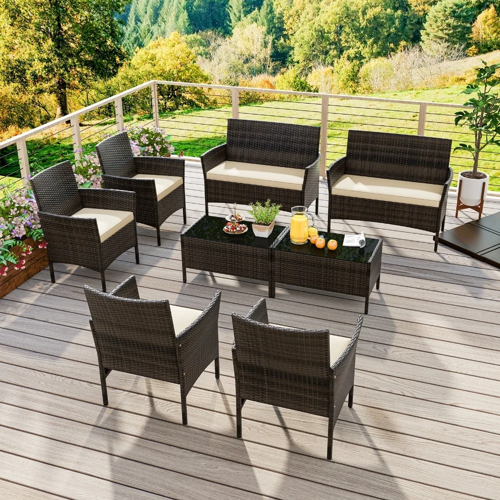 8 PCS Patio Furniture Set w/Washable Cushions and Tempered Glass Coffee Table