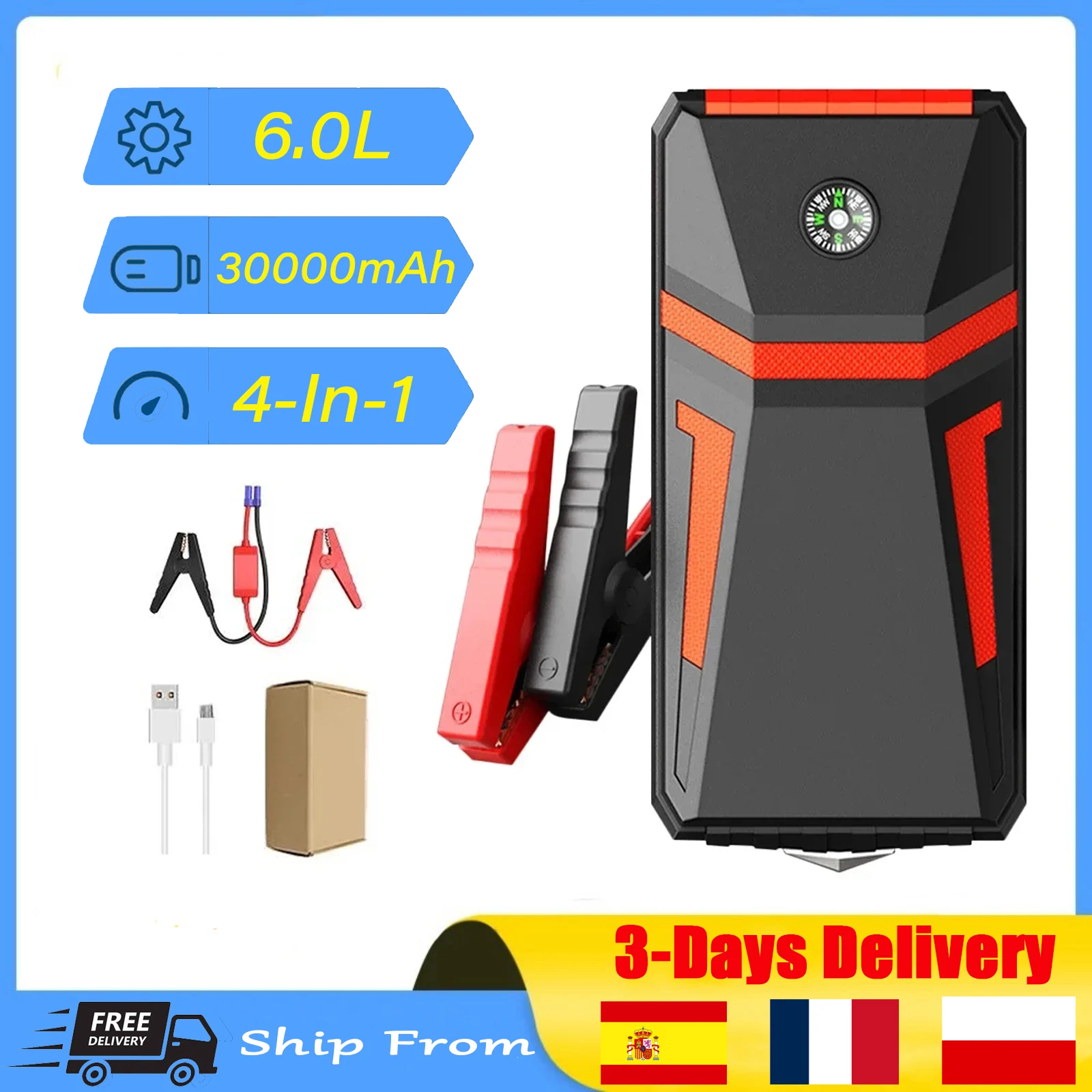 30000mAh Car Jump Starter Booster Battery Starter Start-up Car Charger Portable Power Bank Emergency Auto Starting Device