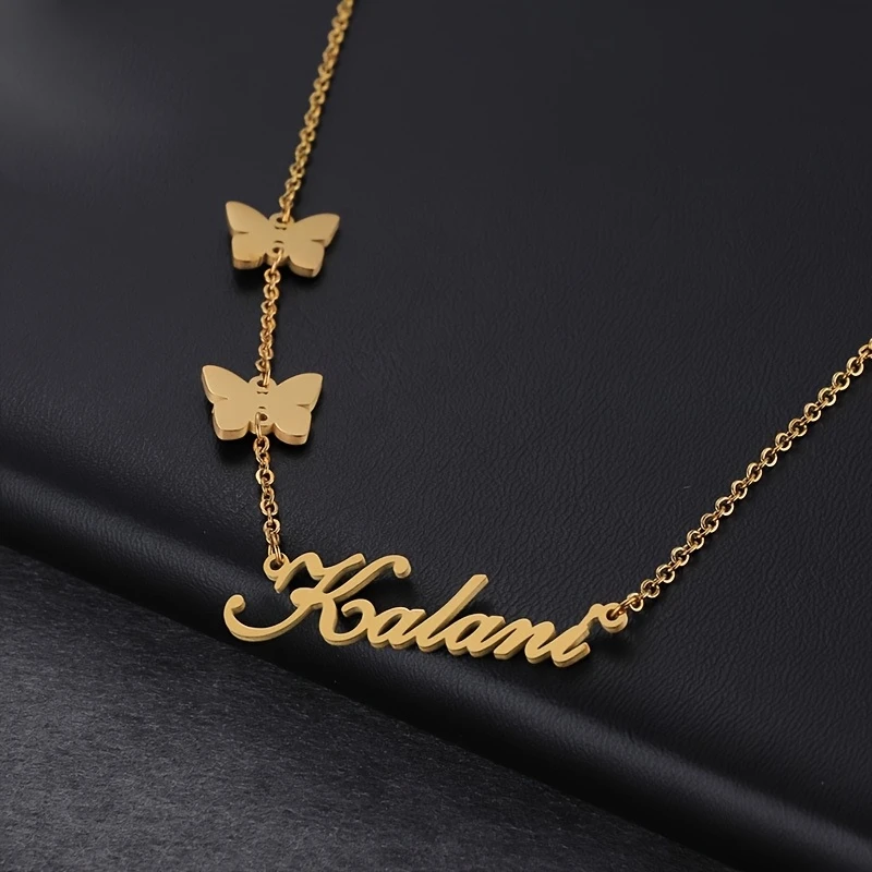 Personalized Letter Clavicle Chain Custom Stainless Steel Necklace With Butterfly Rose Heart Snowflake Maple Leaf Charms view 5