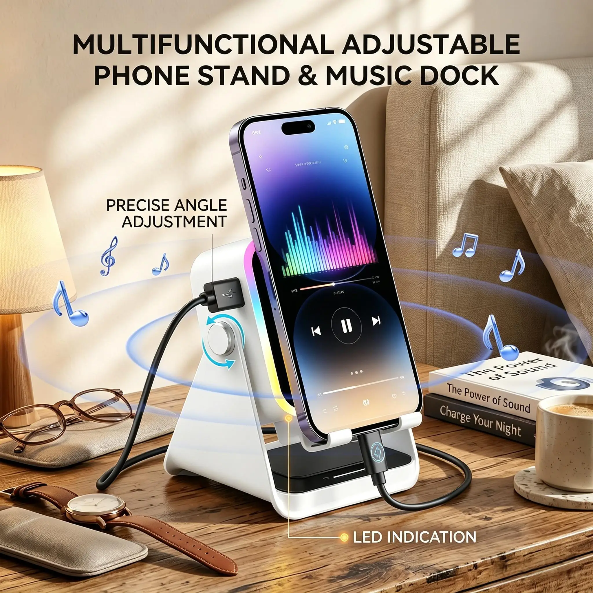 

Premium 5-In-1 Wireless Induction Speaker Phone Stand 360° Rotating Desktop Holder With RGB Ambient Light Bluetooth Audio Power Bank