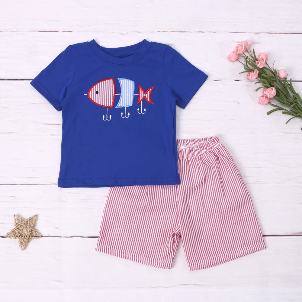 

Baby New Kids Cotton Short Sleeved Blue T-shirt Set Round Neck Fish Embroidery Boy Top Clothes And Red Strape Short Suit