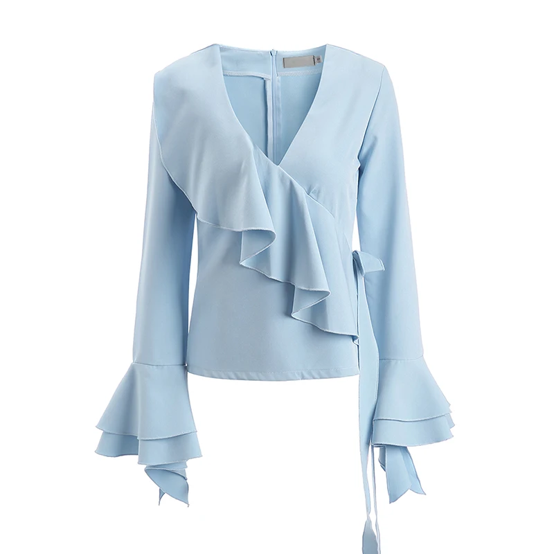

Bella Philosophy Spring Women Long Butterfly Sleeve Shirt Ruffles Ladies Fashion Slim Blouse V Neck Female Patchwork Shirt