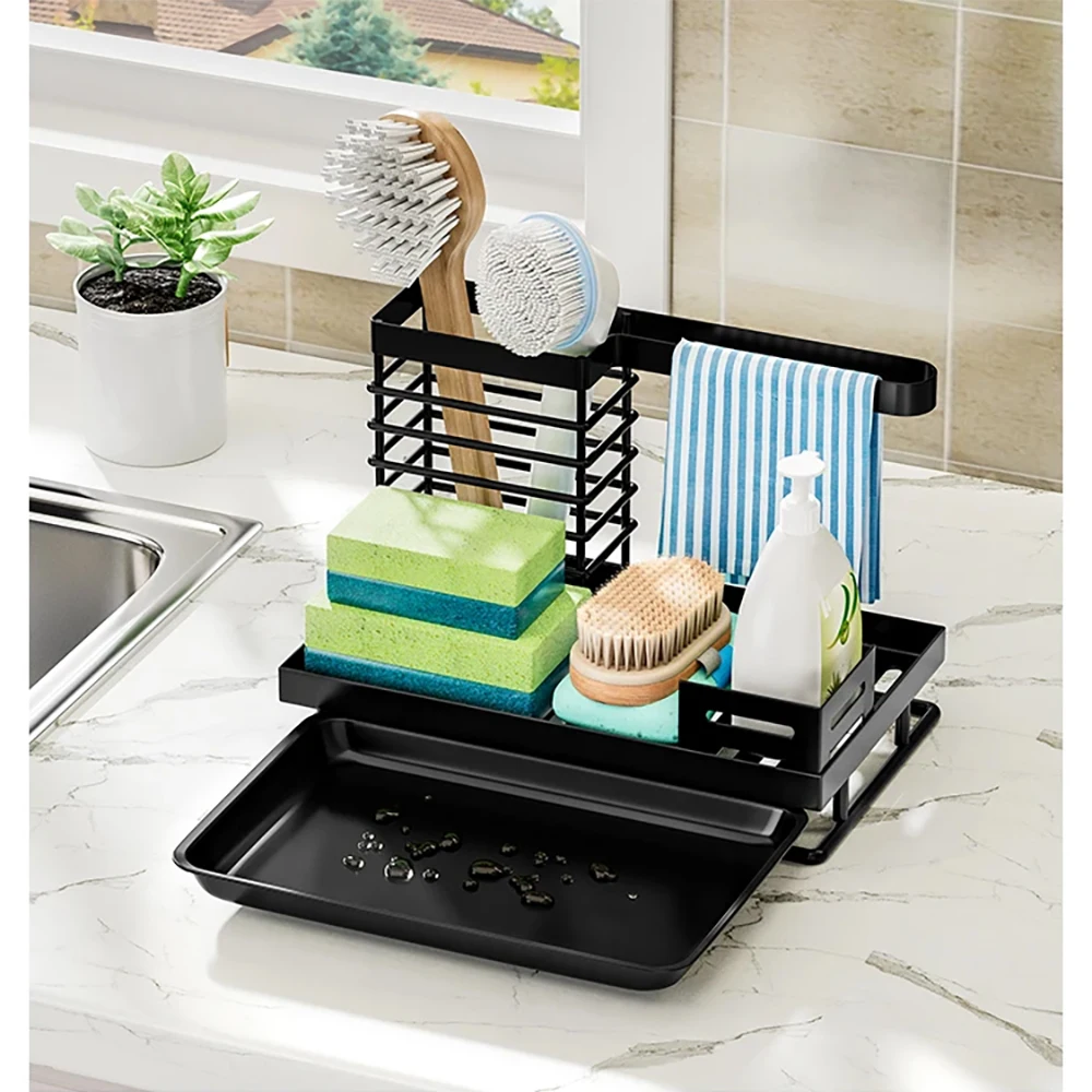 Kitchen Rack Sink Rinse Organiser Utensils Sponge Soap Drainer Shelf Dishcloth Hanger Brush Storage Drying Racks