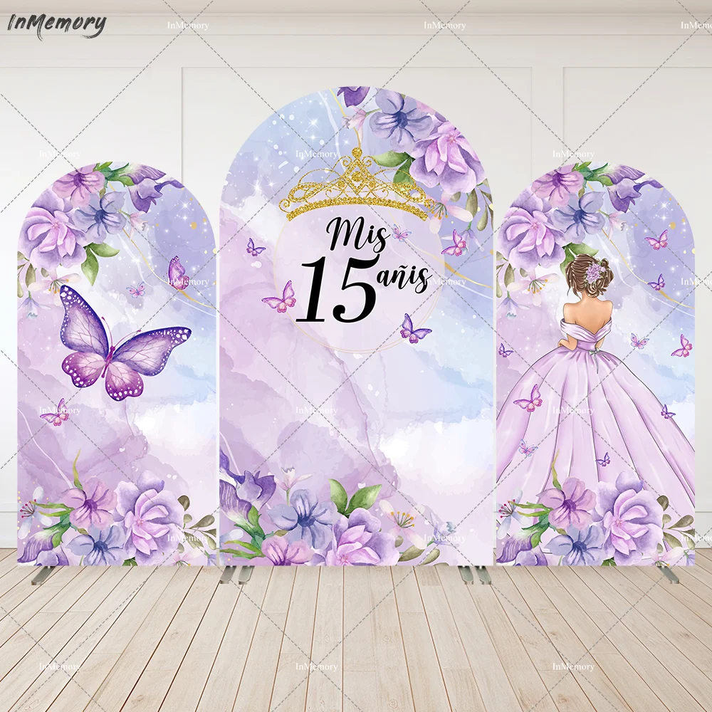 Purple Flower Butterfly Birthday Arch Wall Gold Crown Quinceanera Sweet 15th Arched Backdrop Cover Background Party Banner