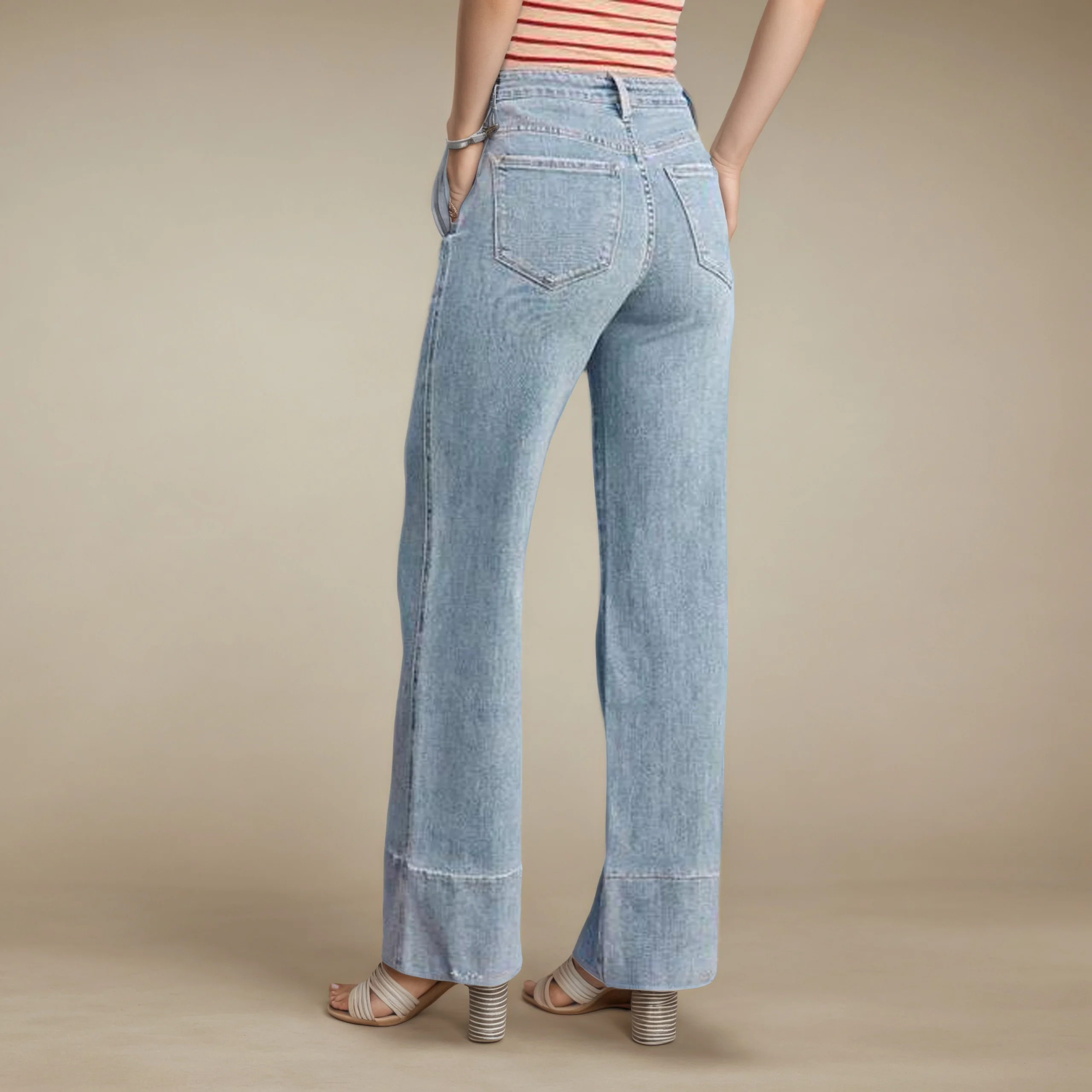 بنطال جينز نسائي واسع الساق عالي الخصر مستقيم الساق قابل للتمدد مع جيوب