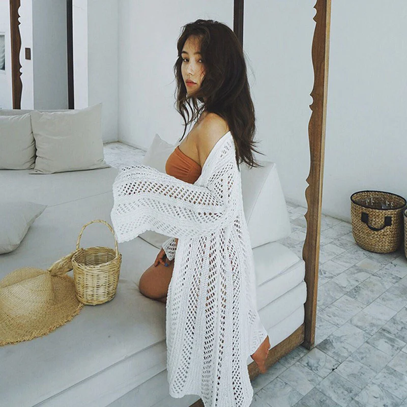 Women Long Sleeve Beach Knit Dress Female Cardigan Sexy Hollow Out Crochet Swimsuit Bikini Cover up Sarong