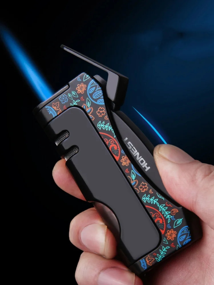 

Trendy Inflatable Lighter Windproof Direct Blue Flame Visible Air Chamber with Folding Cigar Knife Portable Lighter Cigar Gift