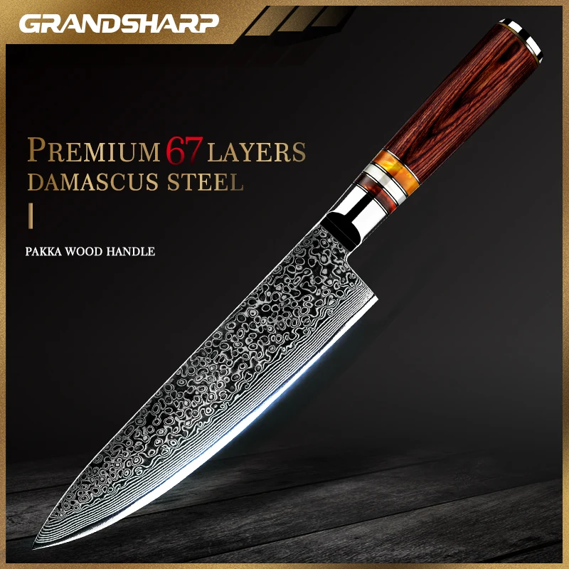 GRANDSHARP 67 Layers Japanese Damascus Knife Damascus Chef Knife Blade Damascus Kitchen Knife Pakka Handle PRO Knives NEW