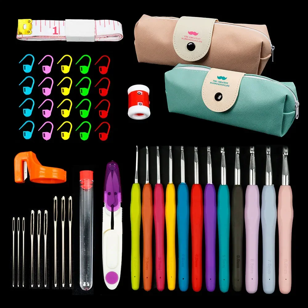 Silikonowy zestaw szydełkowy 45/37PCS DIY Ręczne narzędzia dziewiarskie Zestawy narzędzi do tkania wełny z torbą do przechowywania Zestaw igieł z haczykiem — zdjęcie 2