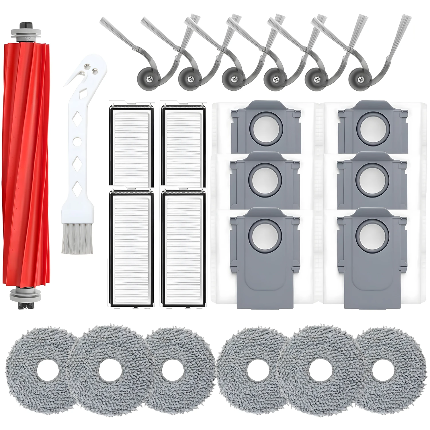 Ensemble d'accessoires pour robot aspirateur - Compatible avec Qv35A, Qr798 et Qrevo L - Incl. 1 brosse principale, 6 brosses latérales, 4 filtres HEPA, 6 sacs à poussière, 6 serpillières et brosse de nettoyage – pour un nettoyage efficace des sols et un remplacement facile.