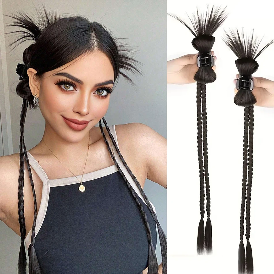 2Pcs/Set Messy Bun Wig Hair Synthetic Claw Clip Ponytail Hair Extension Y2k Double Braids Hairpiece Long Braided Ponytail Wig