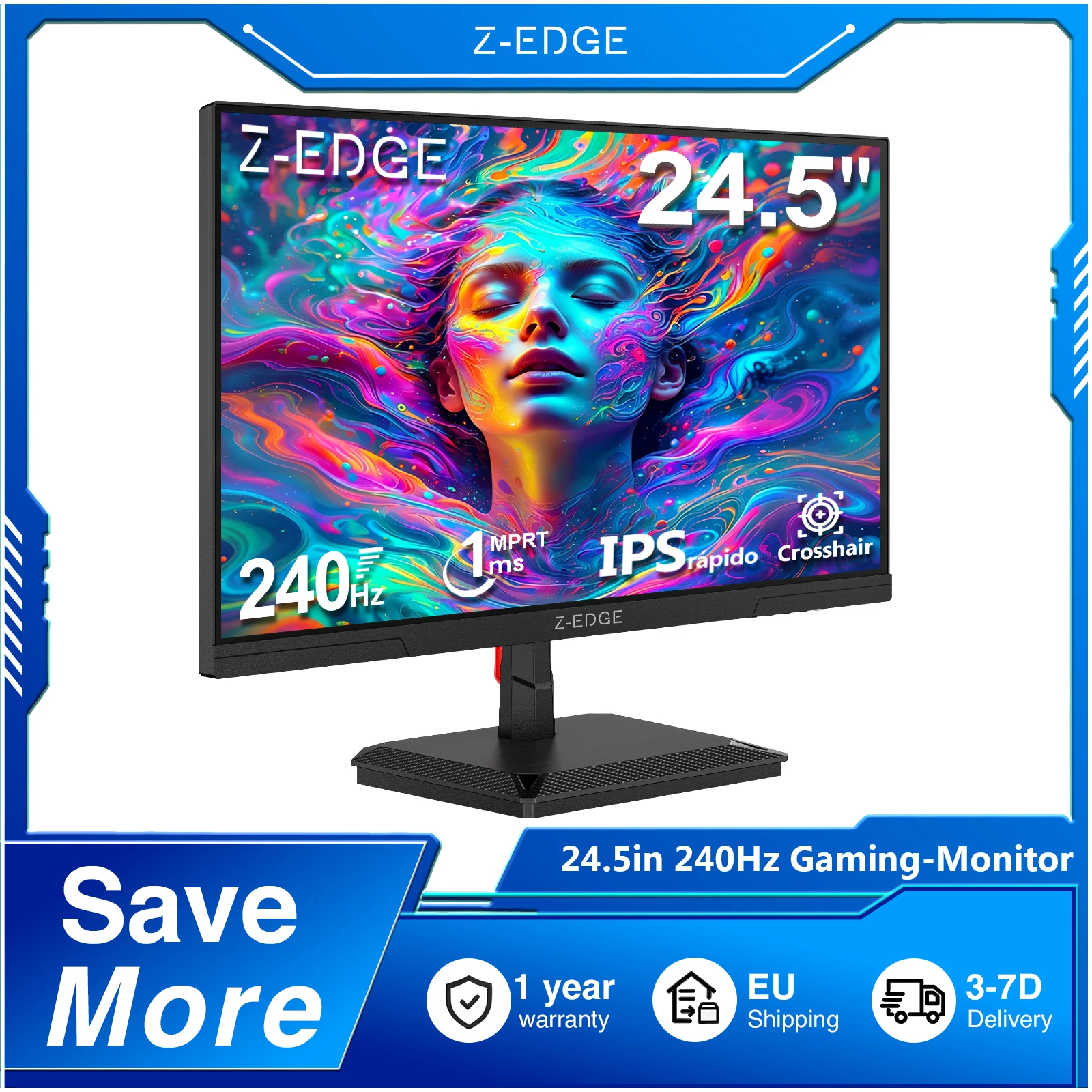 Z-EDGE 24,5-Zoll-240-Hz-Gaming-Monitor, 1920 x 1080 Full HD LED-Monitor, 16:9 IPS-Panel, 350 cd/m² Helligkeit, FreeSync, HDR10, 100 % sRGB, VESA, flimmerfrei und mit geringem Blaulichtanteil