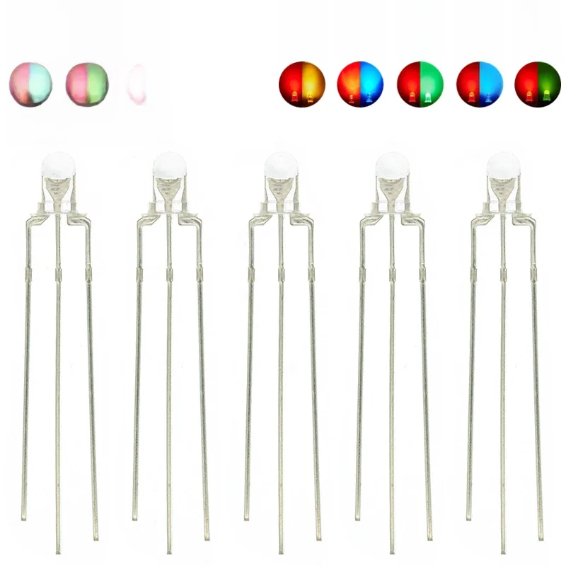 100 pièces 3MM lentille transparente ronde deux couleurs Anode/Cathode commune LED rouge blanc chaud bleu jaune vert Diode bicolore