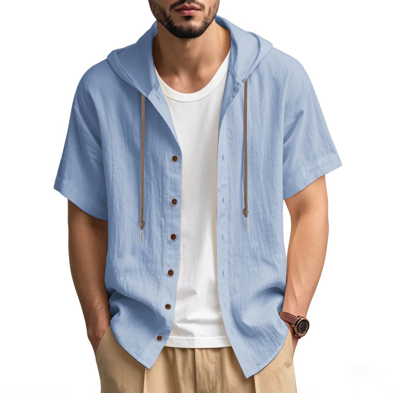 Men's cotton and linen casual short-sleeved hooded shirt with fashionable buttons and hood beach T-shirt