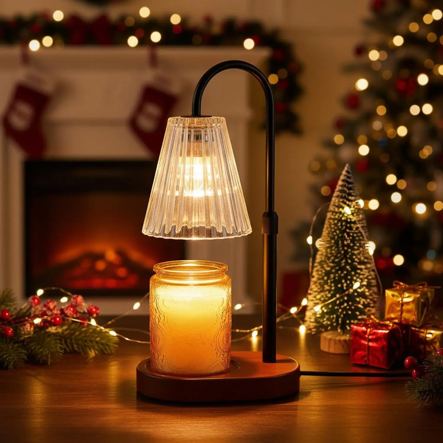

Retro Candle Warmer Lamp Adjustable Height Timer Dimmable Electric Wax Melter Walnut Wood Base Crystal Shade Aromatherapy Burner