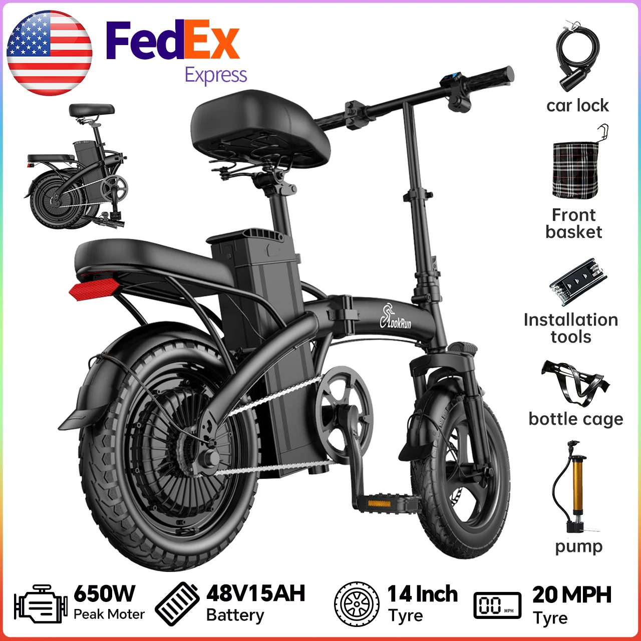 Folding Electric Bike,48V15AH Speed Over 20 MPH, 650W Adult Electric Bicycle with 14-inch Fat Tires, Max Range 20 Miles image 1