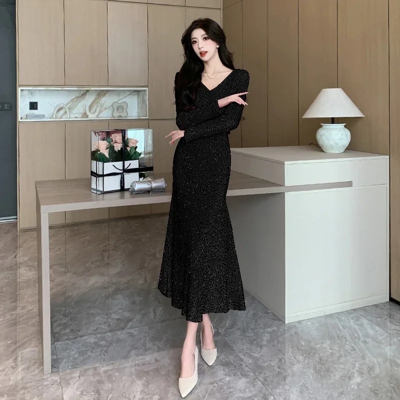 Party Dress Women Sexy V Neck Long Sleeve Dresses Slim Elegant Ladies Night Club Party Fishtail Dress Vestidos