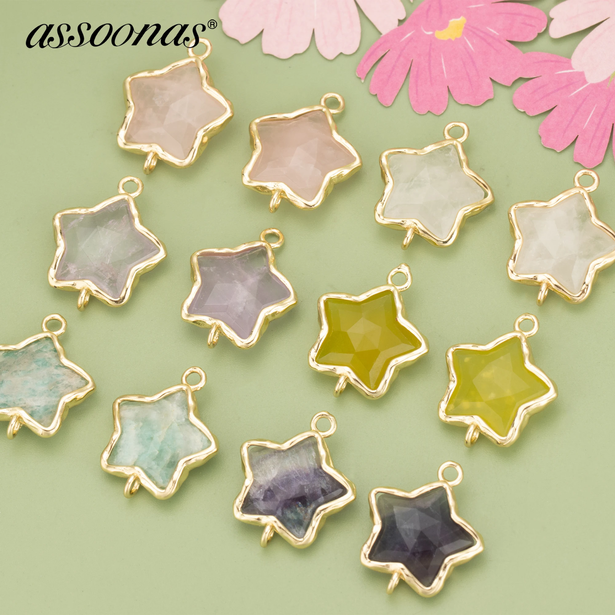 (MD05) 4pcs 15.5x15.5MM 18K Gold Plated Copper and Natural Stone Star Shape Charms Pendants Diy Jewelry Findings Accessories