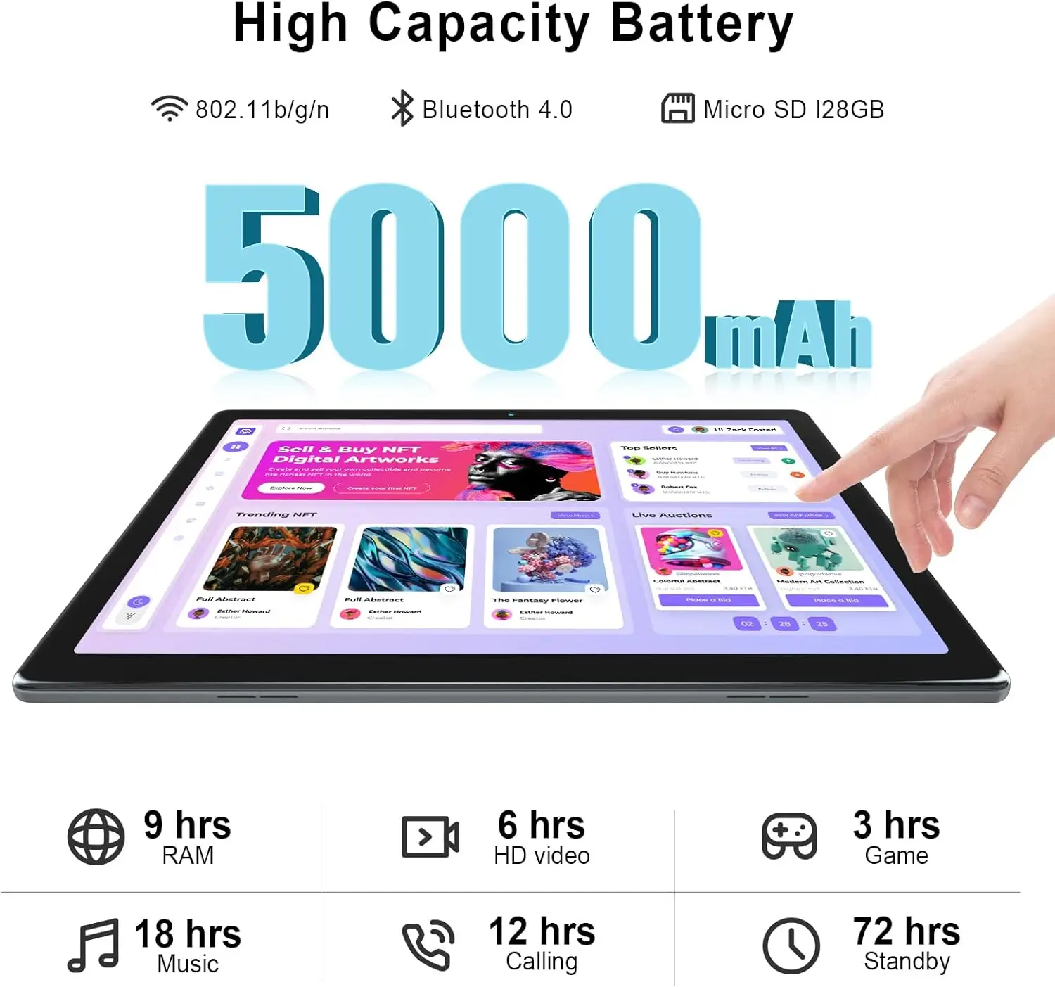 Tablet PC Android 13 da 10 pollici 6 GB di RAM + 64 GB di ROM (1 TB di espansione) Quad-Core WiFi 6 BT5.0 Type-C 5000 mAh 1280x800 HD Touch Screen