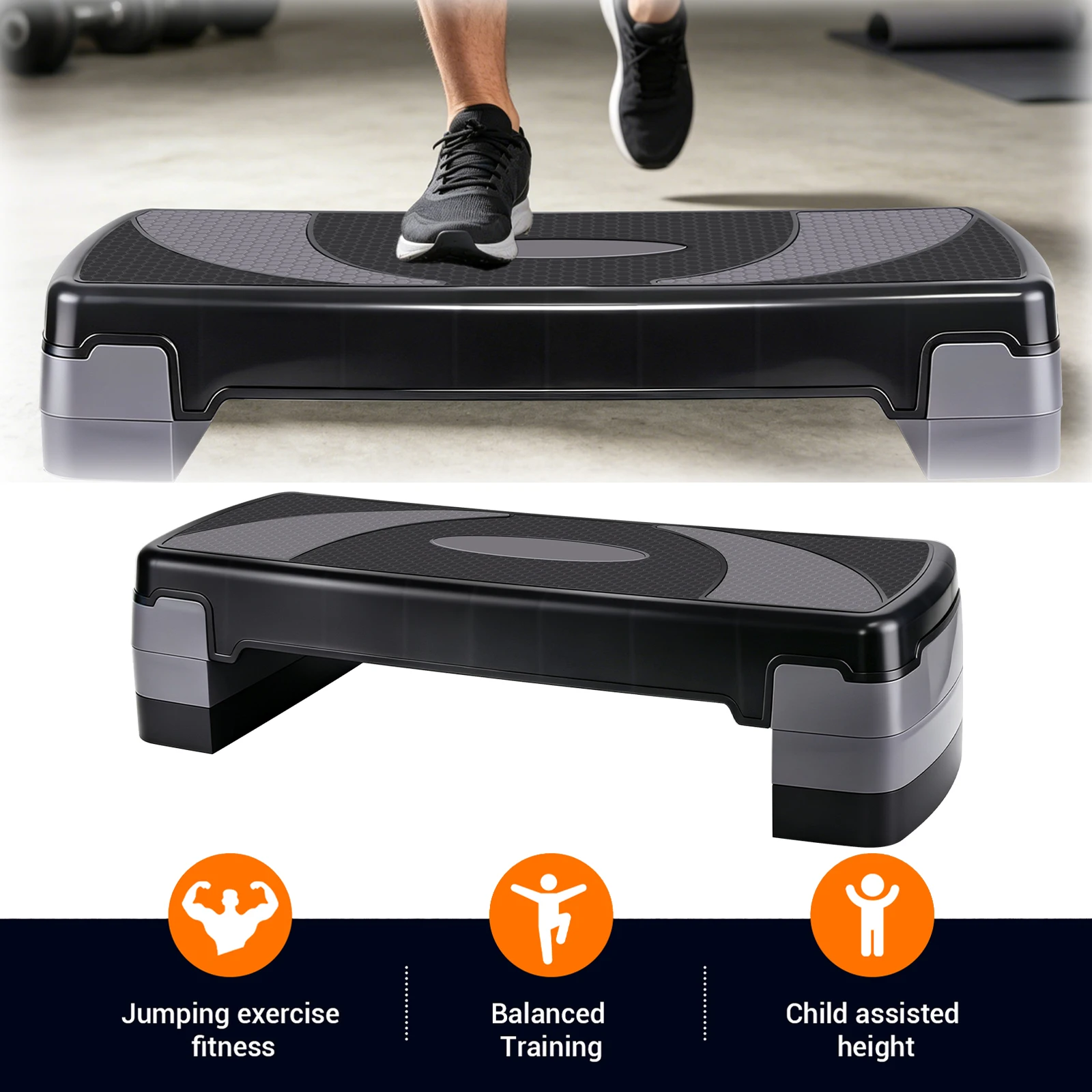 Höhenverstellbarer Fitness-Stepper mit 3 Stufen (10/15/20 cm), große, rutschfeste Aerobic-Stepper-Plattform 81 x 31 cm – Heimtrainer-Kardio-Gerät für Step-Training, HIIT, Reha