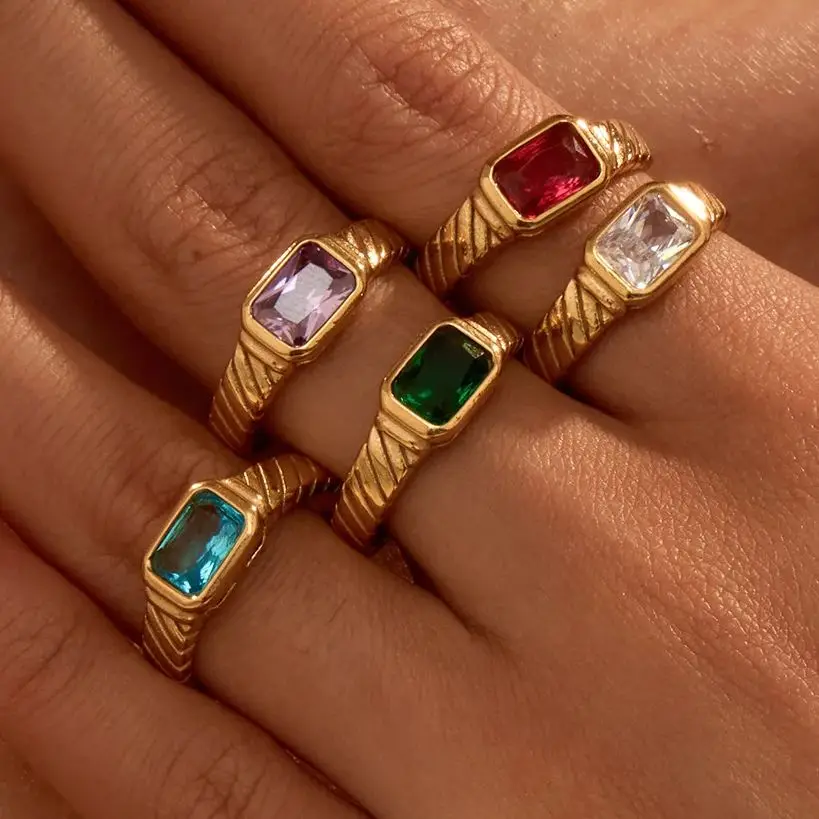 

Miranda Vintage Square Zircon Ring Colorful Emerald Stainless Steel 18K Gold Plated Adjustable Open Band Jewelry Gift for Women