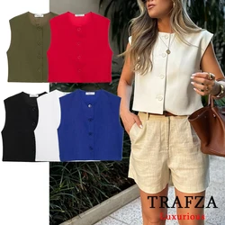 TRAFZA Vintage Sleeveless Vest Women Fashion Loose Vests Female Tank Outerwears Casual Ladies Basic Streetwear Waistcoat Tops