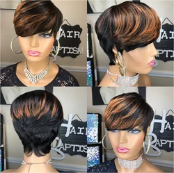 WIGERA-Peluca de cabello sintético con flequillo para mujeres negras, cabellera corta y recta de Color mezclado, corte Pixie Ombre, Color negro y bronce