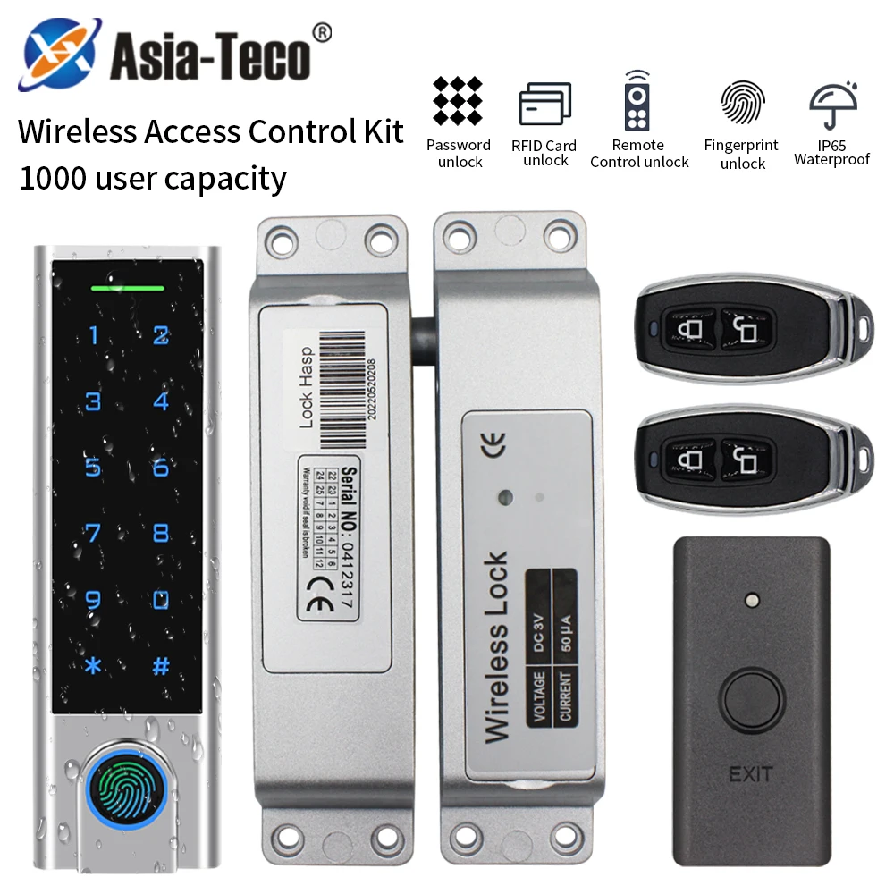 IP65 Waterproof  DIY Wireless Lock Kit Metal Wireless Fingerprint Keypad+Lock+Exit Button+Remote Transmitters For Home Office