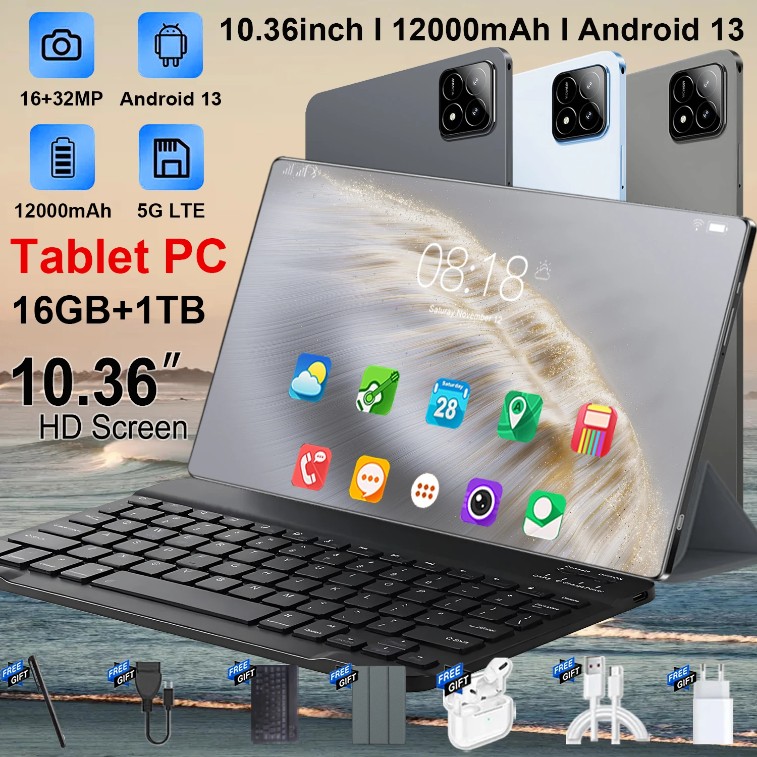 Tablet 2026 pro6 Nueva PAD de 10.36 Pulgadas 5G, Android 16GB 1TB 12000mAh, Tablet de 10 Núcleos para Juegos, Doble SIM, GPS
