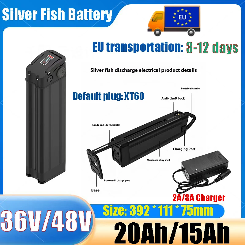Silver Fish 36V/48V/15Ah 20A Lithium-Akku-Pack, geeignet für 250W-1800W klappbare elektrische Zweirad-Fahrzeuge, inklusive Ladegerät.