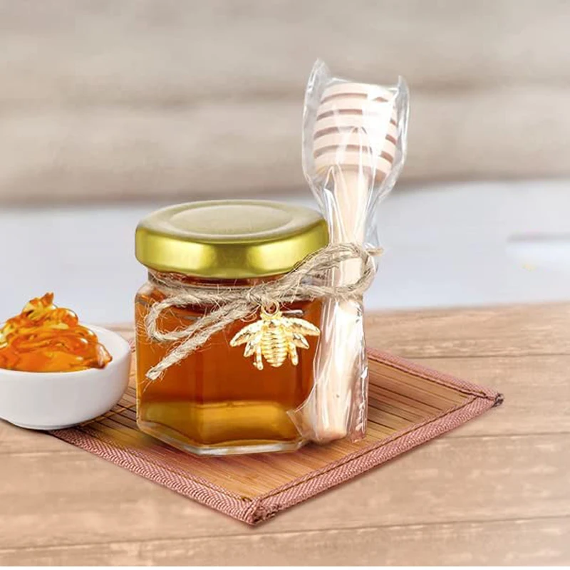 Mini Honey jars-Hexagon honey jars with wooden spoon, bee pendant,Glass Honey jars with lids, Baby Shower, Wedding Favors