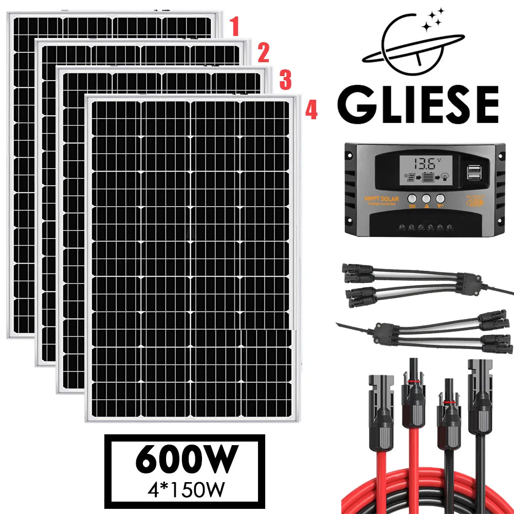 600 W zonnepaneelset 4-delig: 4x12 V zonnepanelen, omvormer, 1-4Y kabel, 3 meter verlengkabel. Geschikt voor stroomvoorziening in huizen, campers en op campings. - Oplaadset
