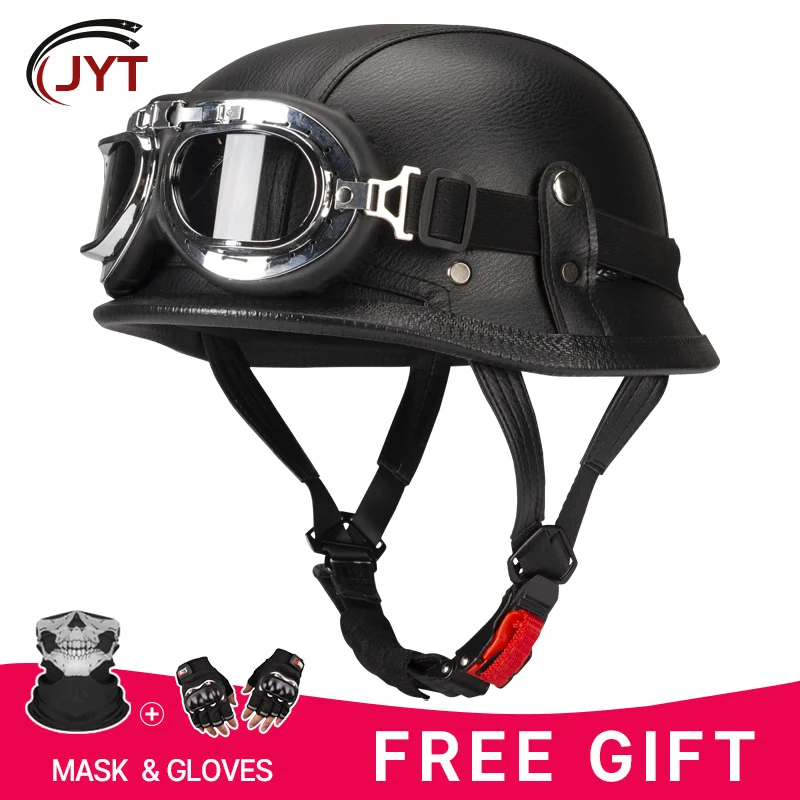 

Motorcycle Helmets German Style Half Helmet DOT Approved Four Seasons Retro Open Face Casco Cruiser Scooter Quick Release Buckle