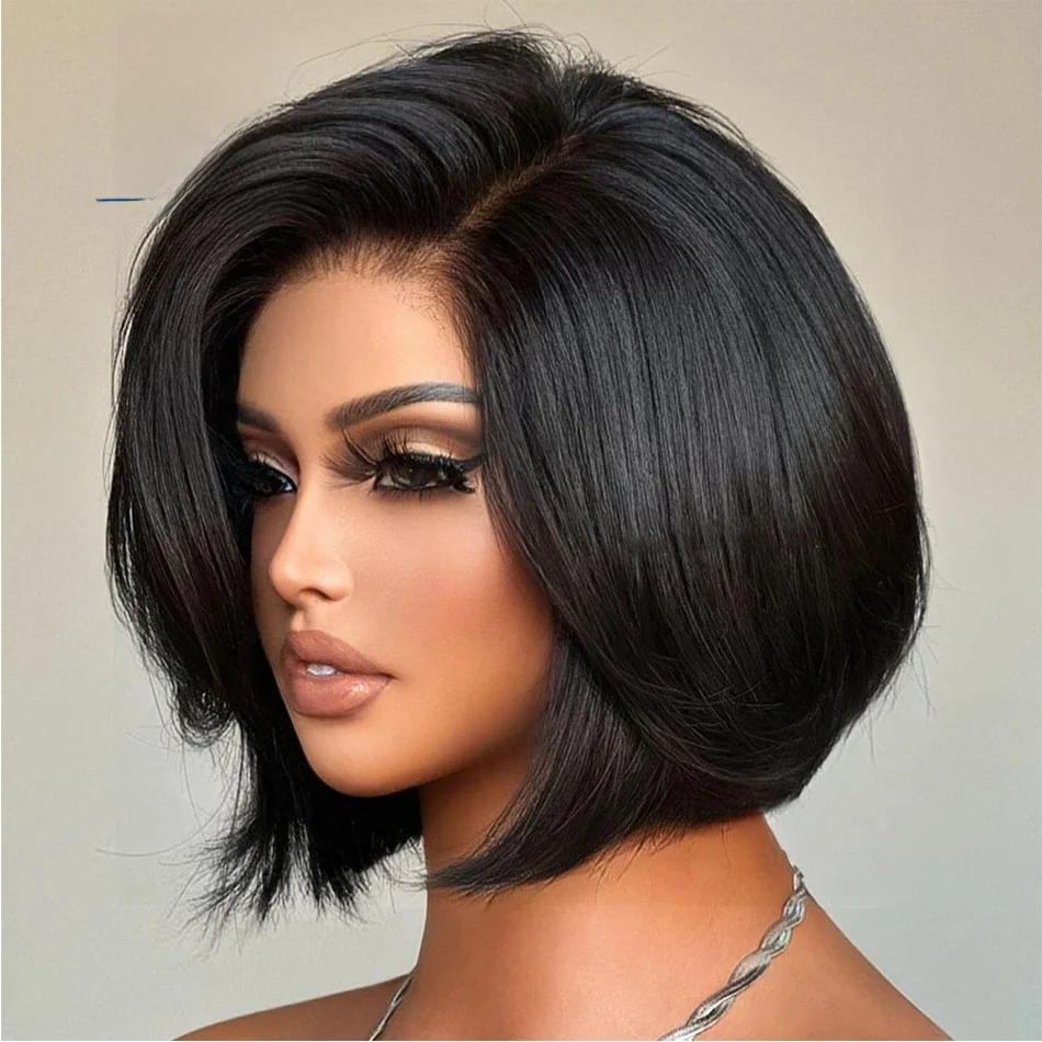 Amethist Natuurlijke Gelaagde Korte Bob met Pony aan de zijkant voor Vrouwen Rechte 13x6 Kant Voor Menselijk Haar Pruiken Rechte Bob Pixie Cut - afbeelding 2