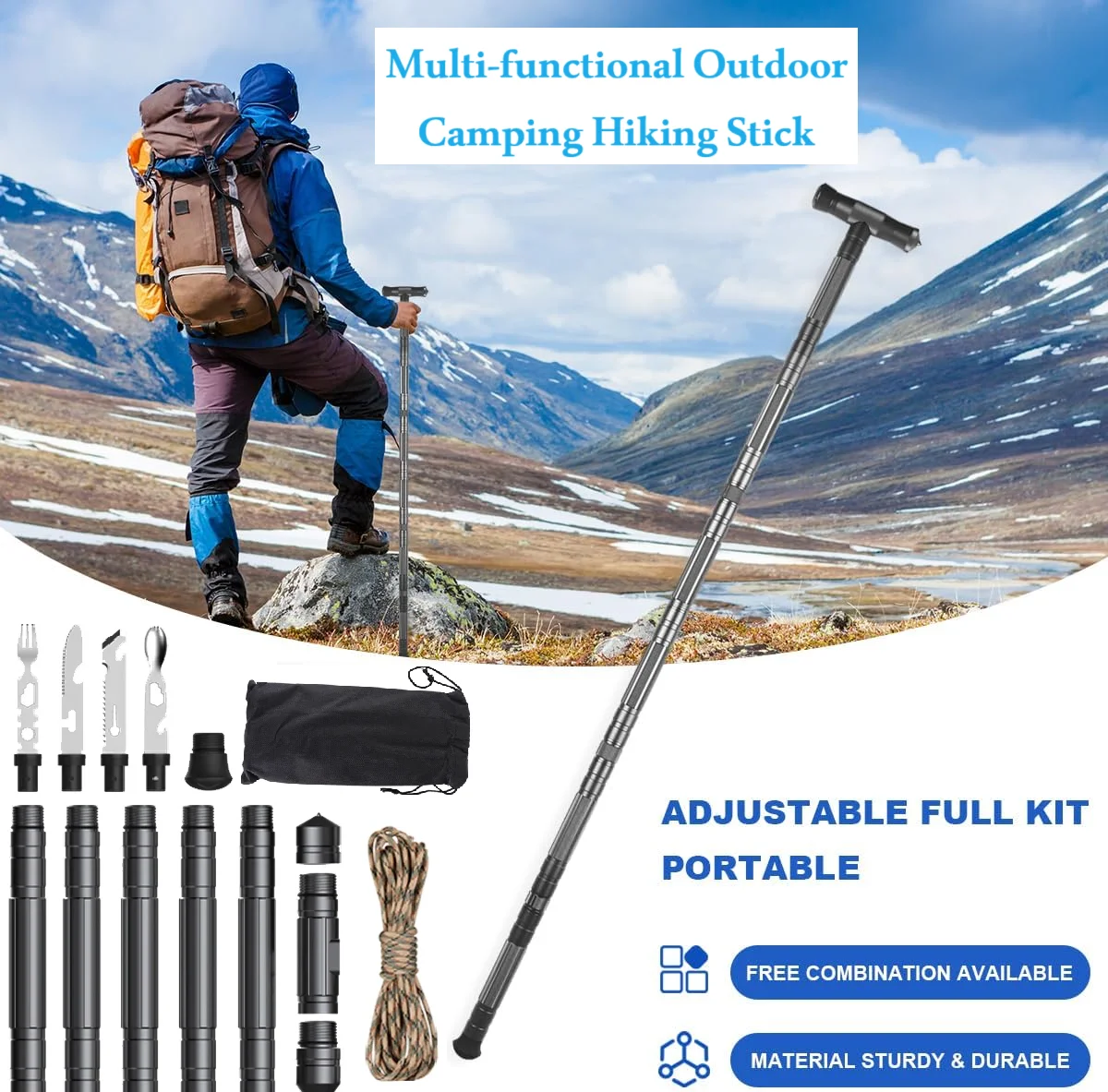 Tactical Trekking Poles Outdoor Garden Camping Multi Tool Kit Walking Cane Hiking Stick Survival Hunting Emergency Survival Tool