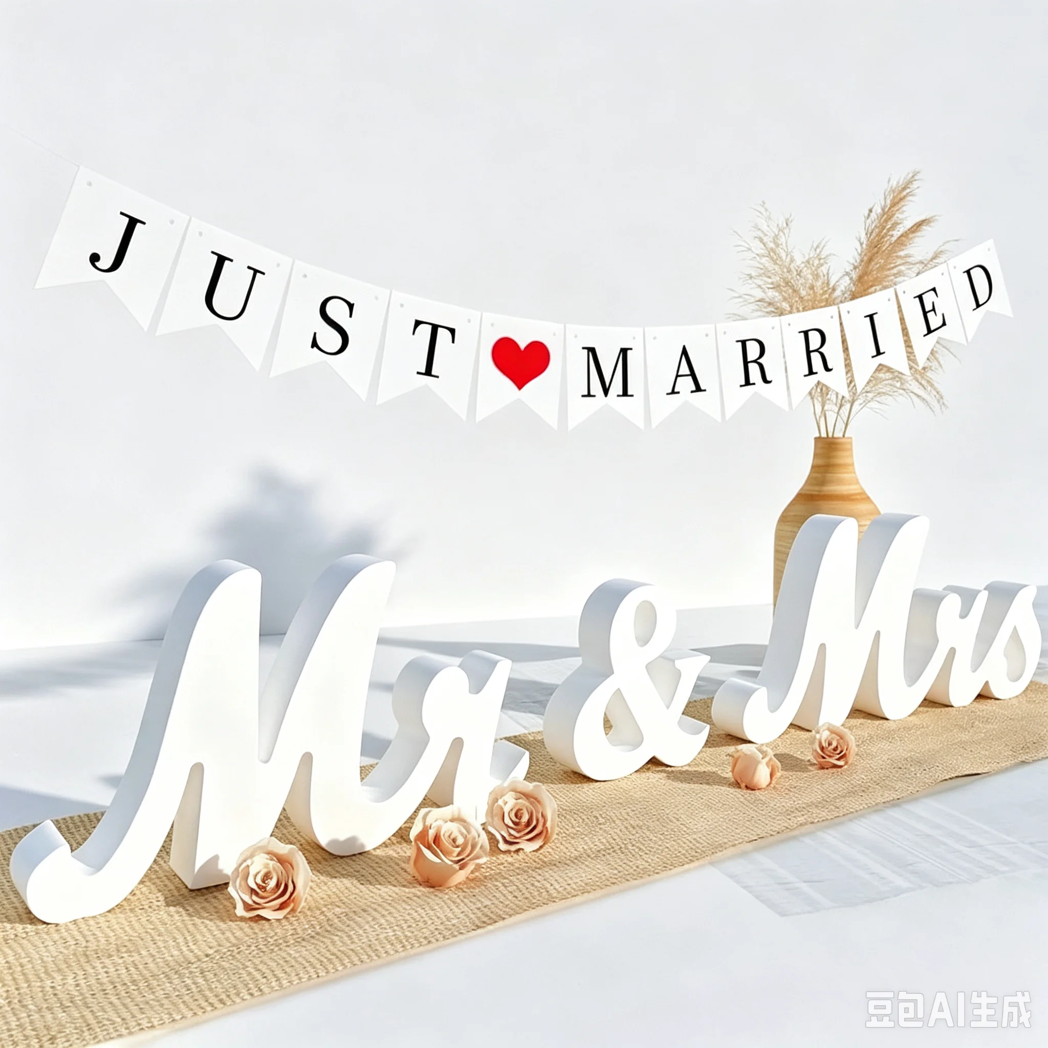 Mr & Mrs Wooden Table Sign with Just Married Banner Wedding Decorations for Sweetheart Table Bridal Shower Engagement Party Photo Props