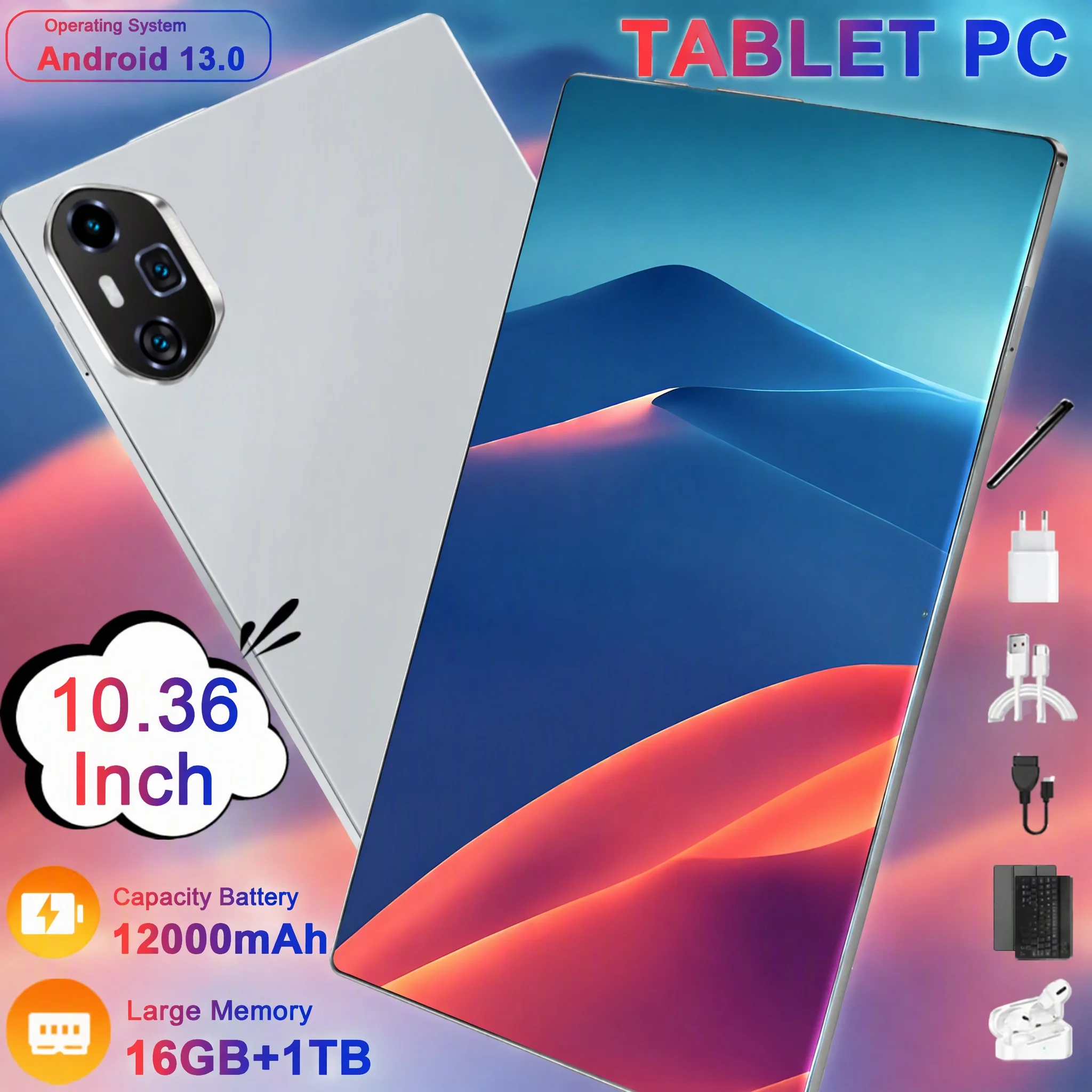 Tableta Android de 10,36 pulgadas, batería de alta capacidad de 12000 mAh, configuración de 16 GB + 1 TB, procesador de diez núcleos, wifi