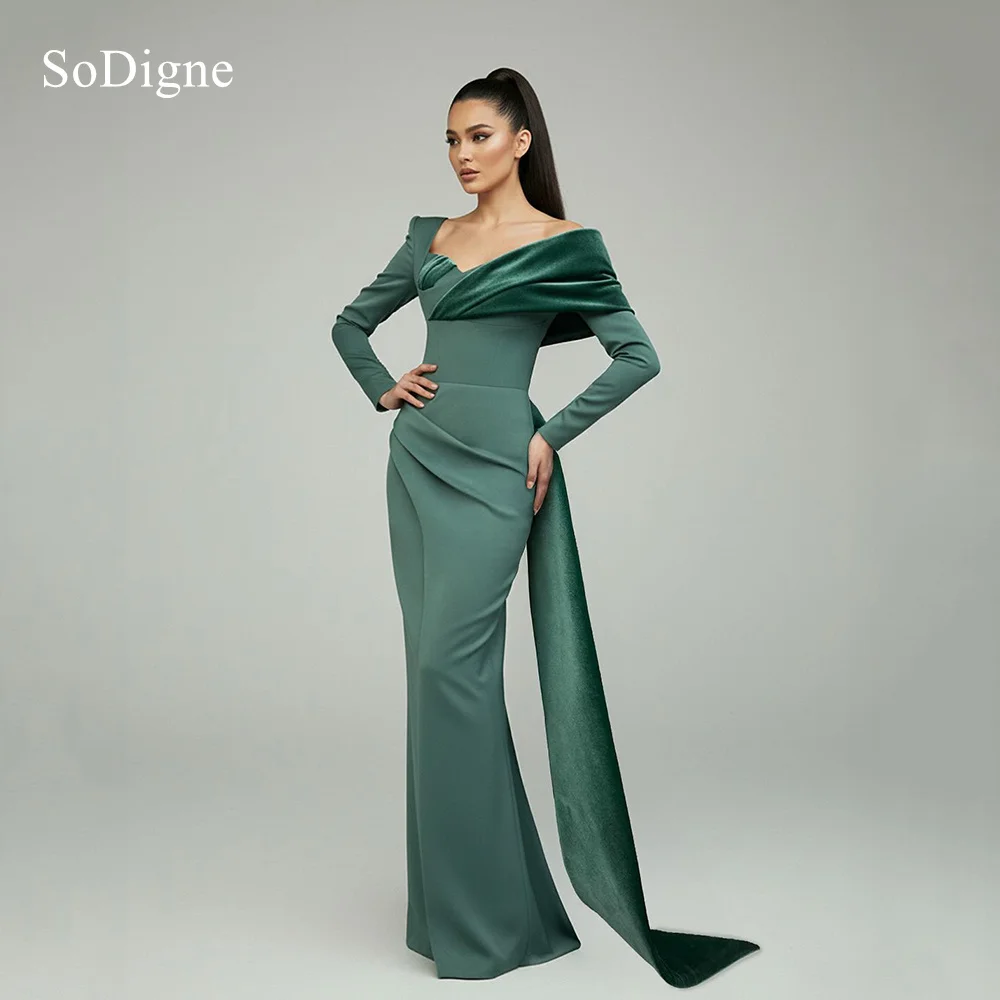 SoDigne Modern Evening Dresses Mermaid Maxi Bodybon Party Dress Formal Pleats Full Sleeves Prom Gowns Customized