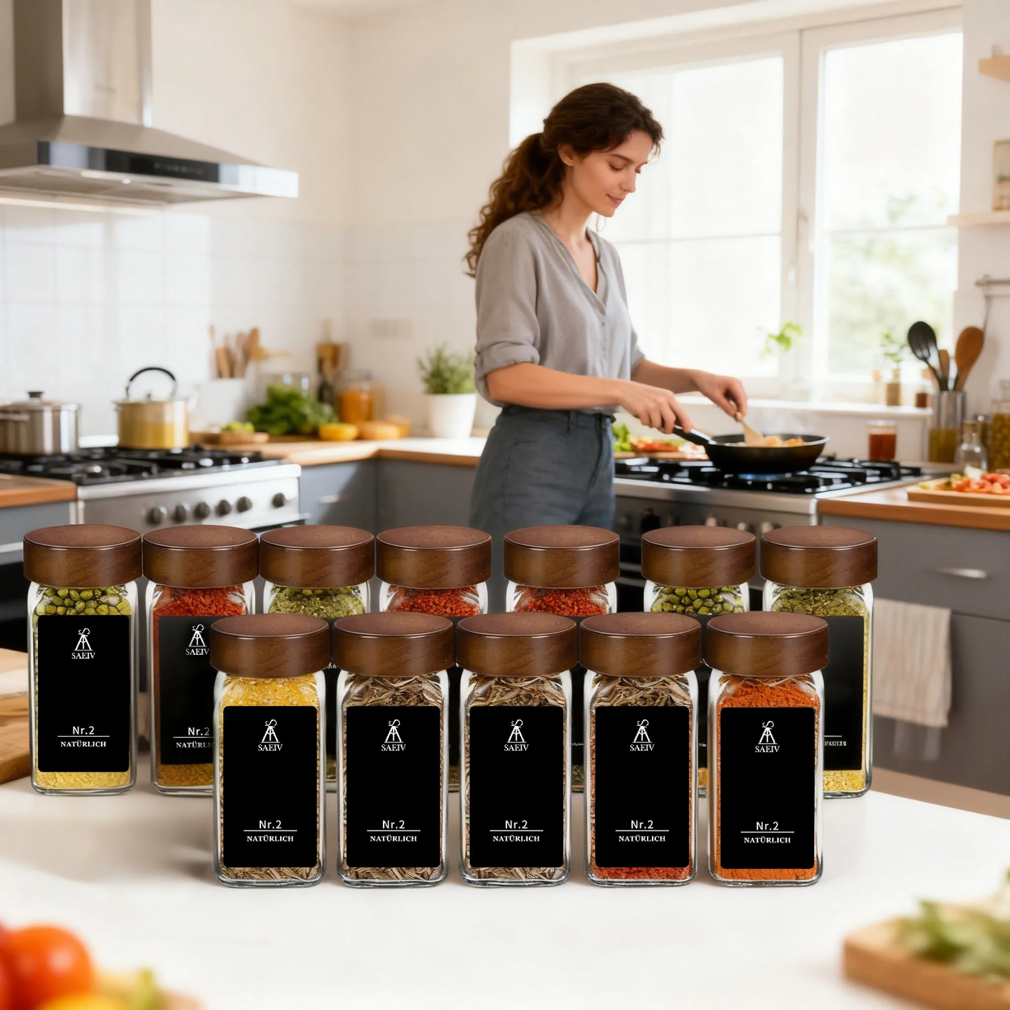SAEIV Set mit 12/24 Gewürzgläsern mit Rosenholzdeckeln, 120 ml quadratische Gewürzgläser aus Glas mit Gewürzetiketten, Aufbewahrung für Gewürze in der Küche – Detail 8
