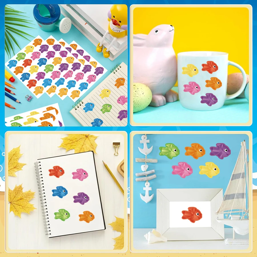 200 autocollants colorés en forme de poisson – 10 feuilles d'étiquettes auto-adhésives pour scrapbooking, emballage, bricolage artisanal, journaux.