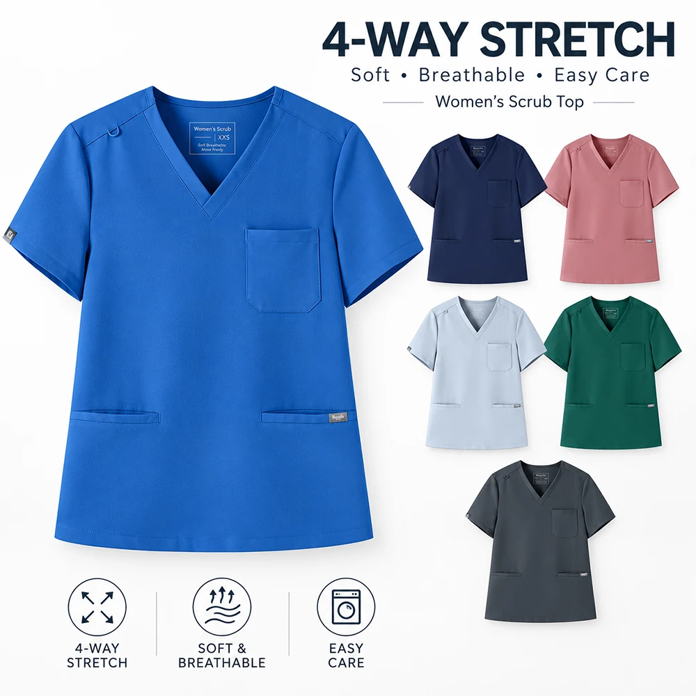 V-neck T-shirt Women's Surgical Scrubs Top  Stretch Medical Uniform with Antibacterial Water-resistant For Hospitals Clinics Lab