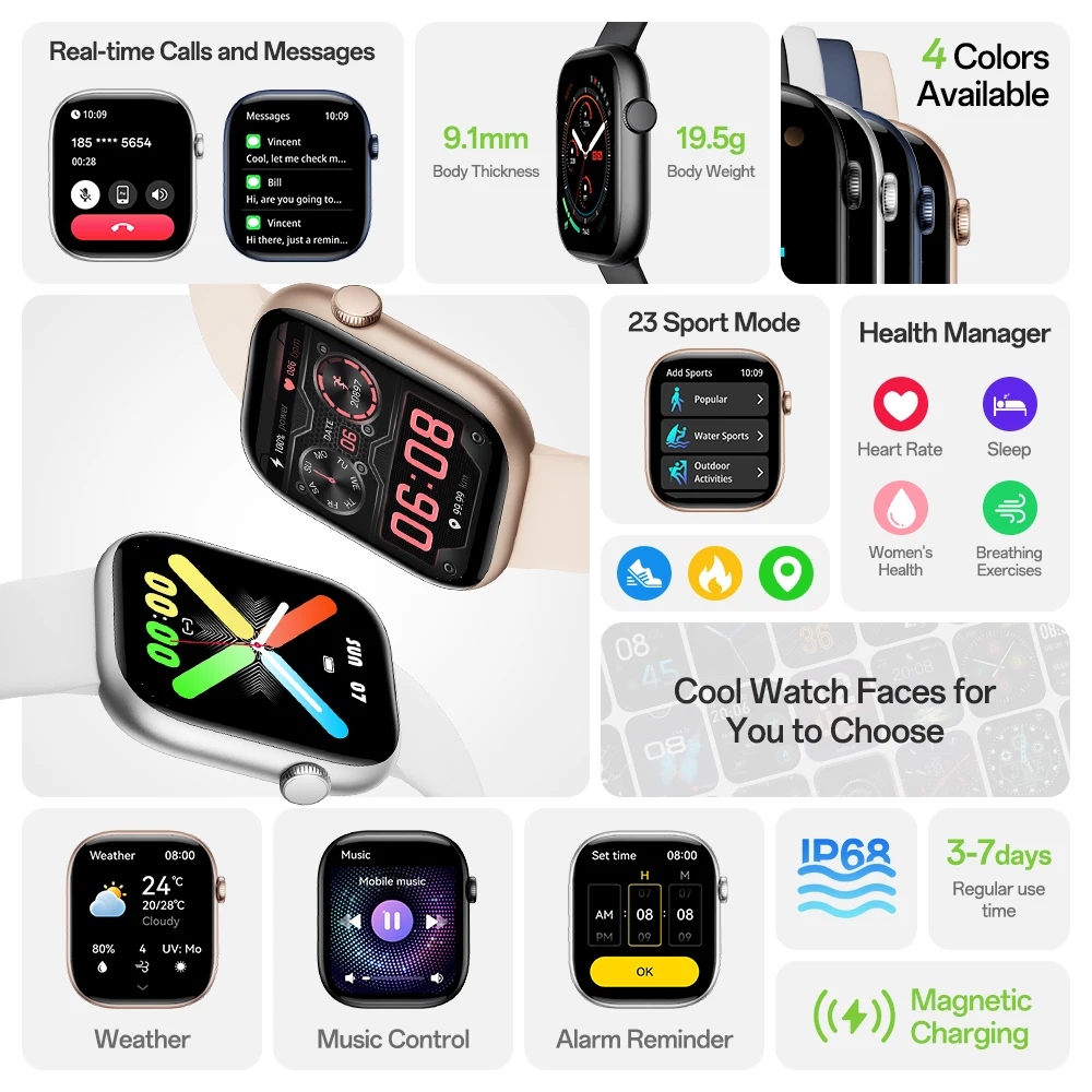 KHwatch S10 New Mens Watches Couple's Watches 1.83IPS Borderless Screen 9.1mm Ultra-thin 5.3BT WhatsApp Call IP68 Women Watches
