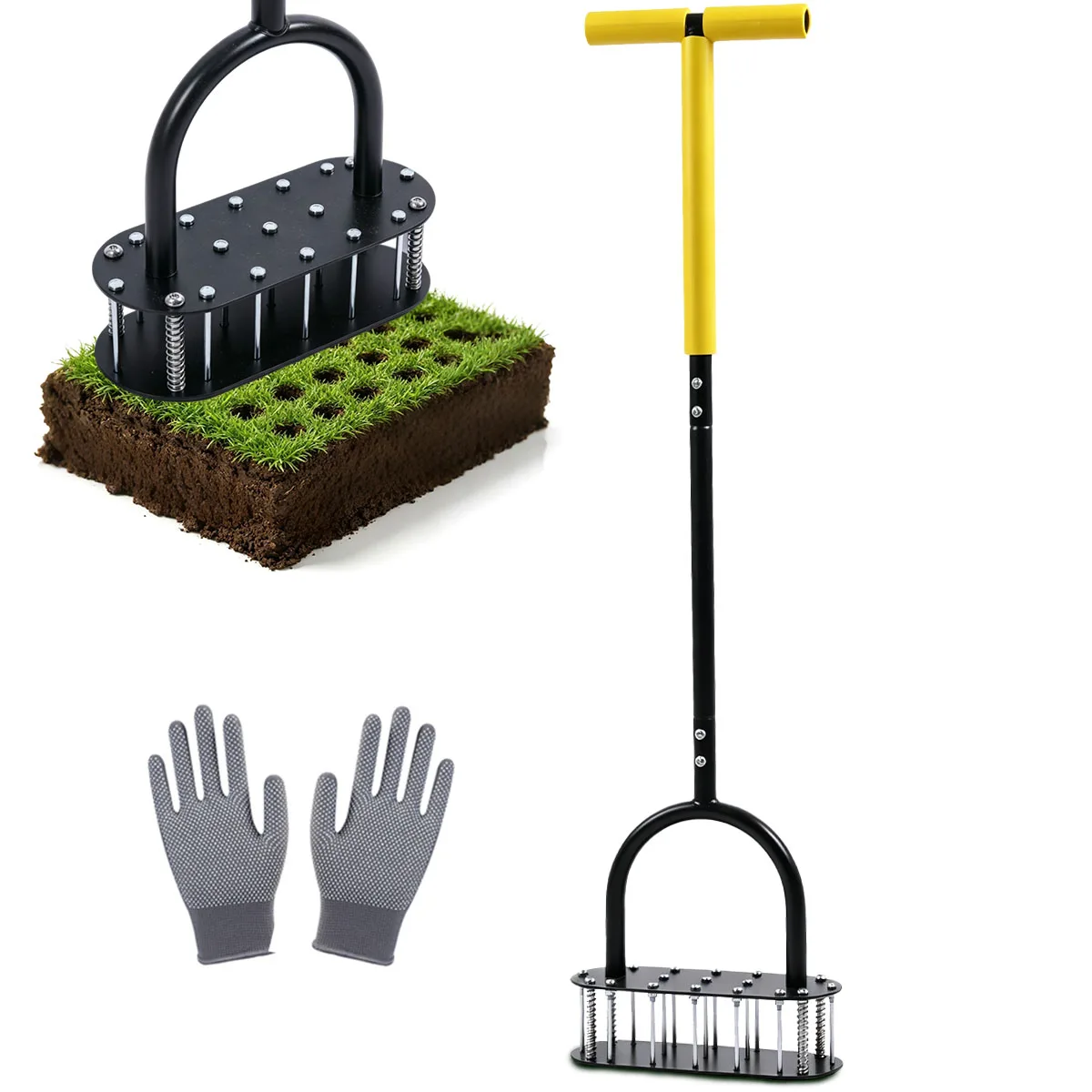 Stand‑Up Manual Lawn Core Aerator,304 Stainless Steel Spikes Dual‑Spring Self‑Cleaning Soil Aerating Tool for Backyard Garden Lawn Care,Ergonomic T‑Handle,Free Work Gloves
