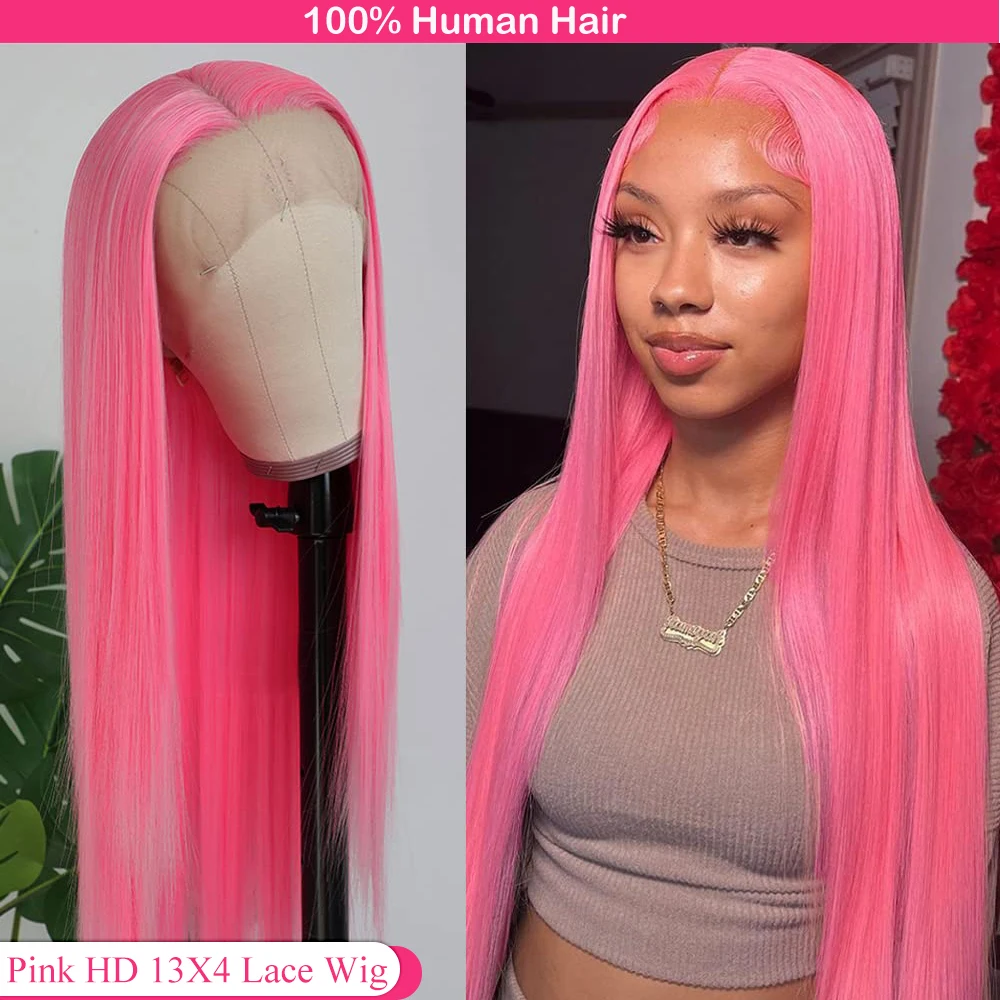 Pink Lace Front Wig Human Hair Preplucked Hd 13X4 Lace Frontal Wig Human Hair Bone Striaght Colored Human Hair Wigs For Women