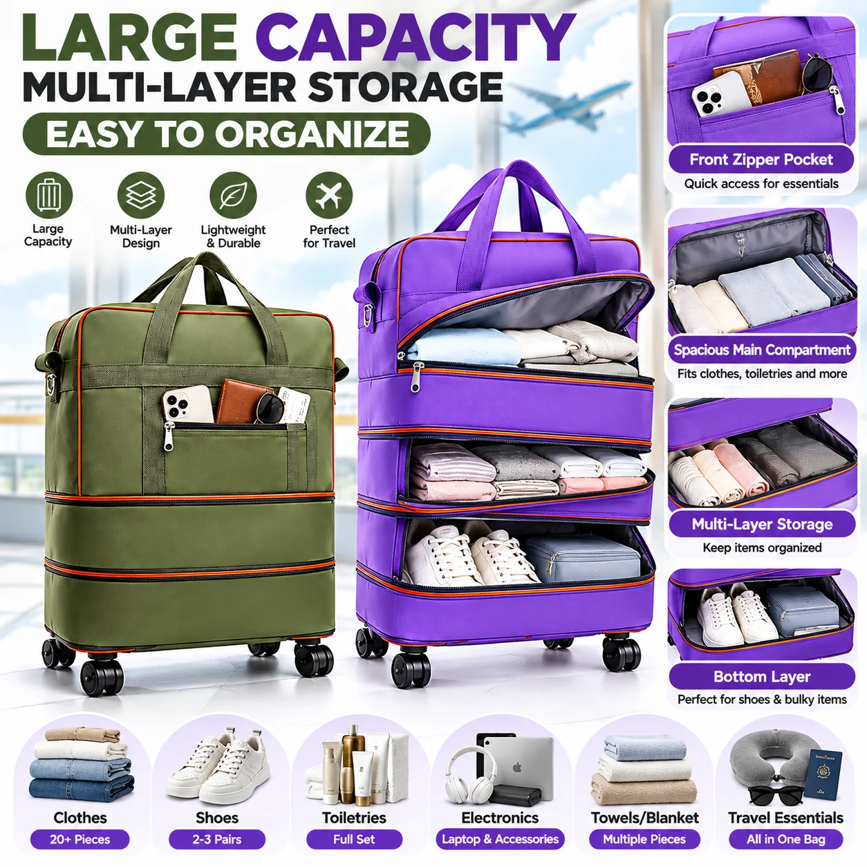 6-Wheel Rolling Travel Bag, Weekend Overnight Bag, 70LB Max Load, Fits in Car Trunk, Outdoor Camping Bag, Airline Travel Bag, Foldable And Expandable, Hand Pull And Shoulder Crossbody Carry, for Travel, Camping, School, Grocery Shopping