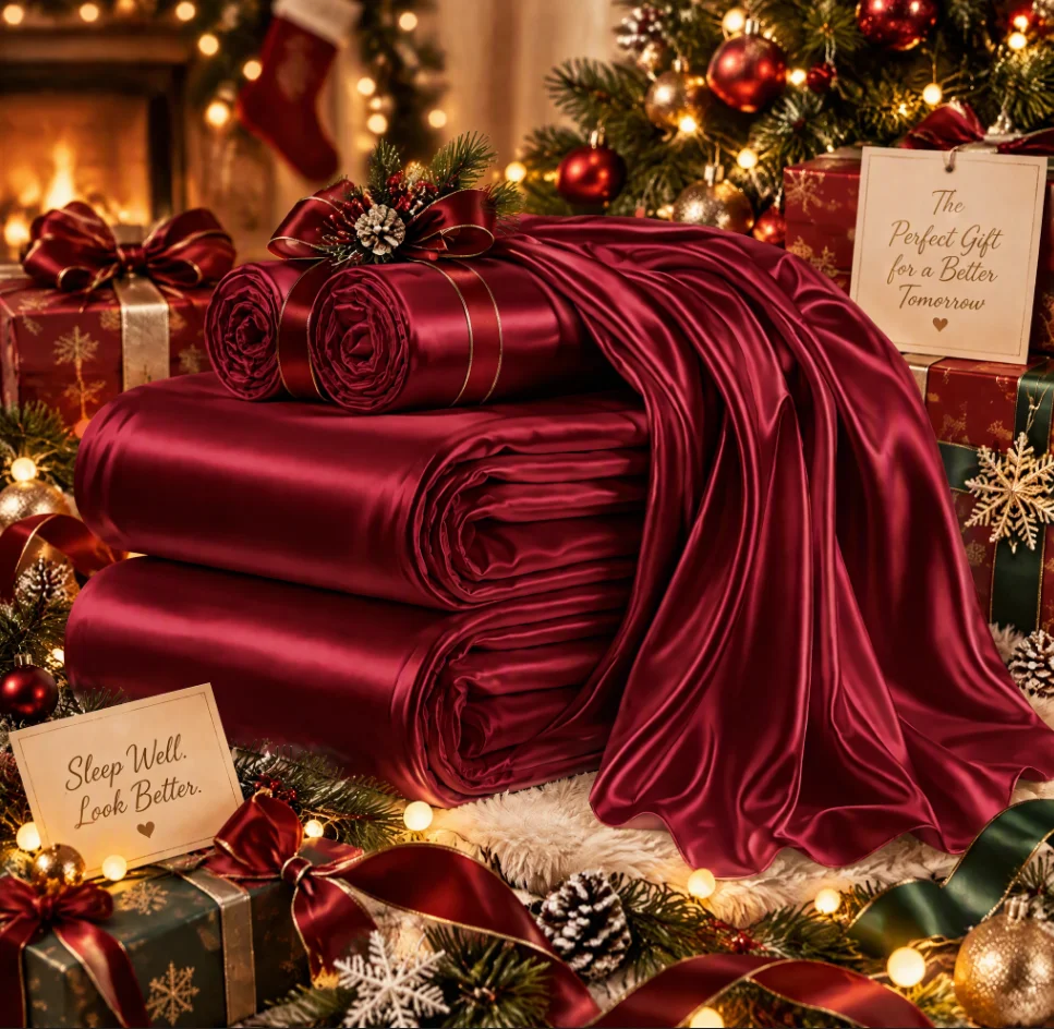 Luxury Satin Fitted Sheet Set, Fitted Sheet + Pillowcase, Christmas Holiday Gift, Xmas Bedroom Decor, Cooling Smooth Breathable Wrinkle Resistant, 3000TC Ultra Soft Bedding, Machine Washable Easy Care for Hot Sleepers Adults, Hotel Apartment We